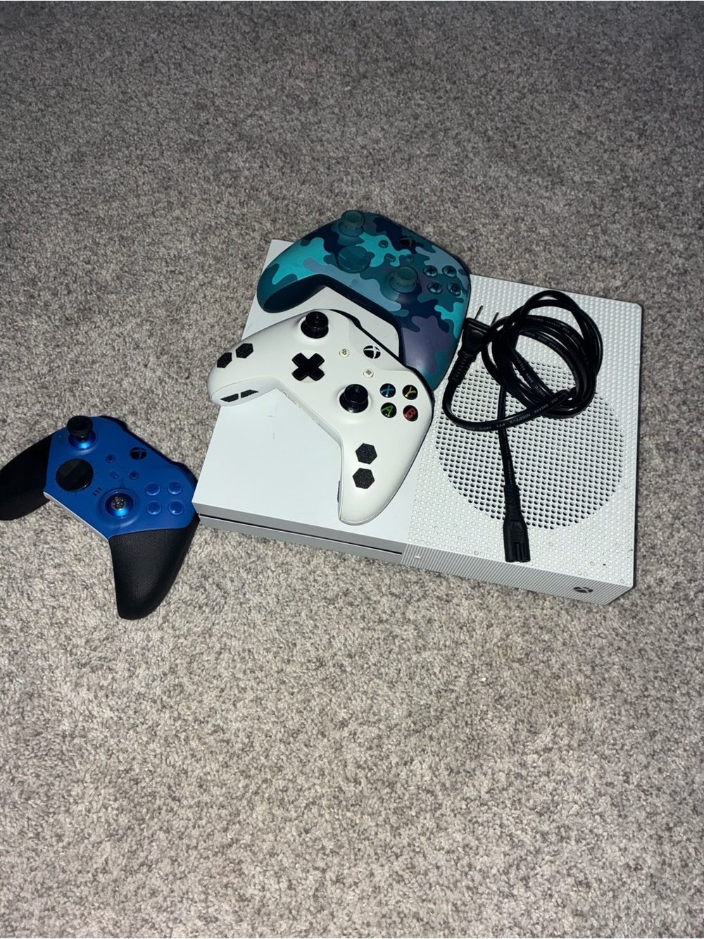 Xbox One S White Console with White and Blue Controllers